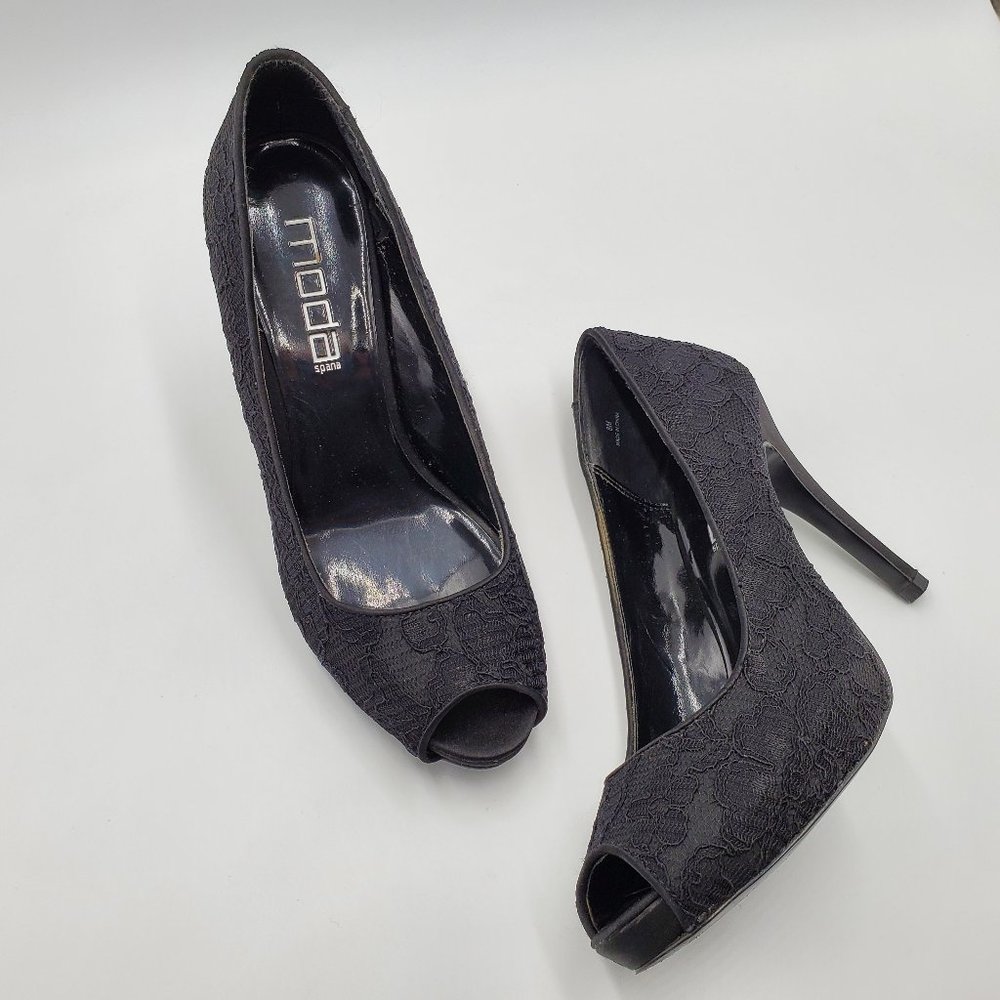Moda Spana Black Lace Peep-toe Heels